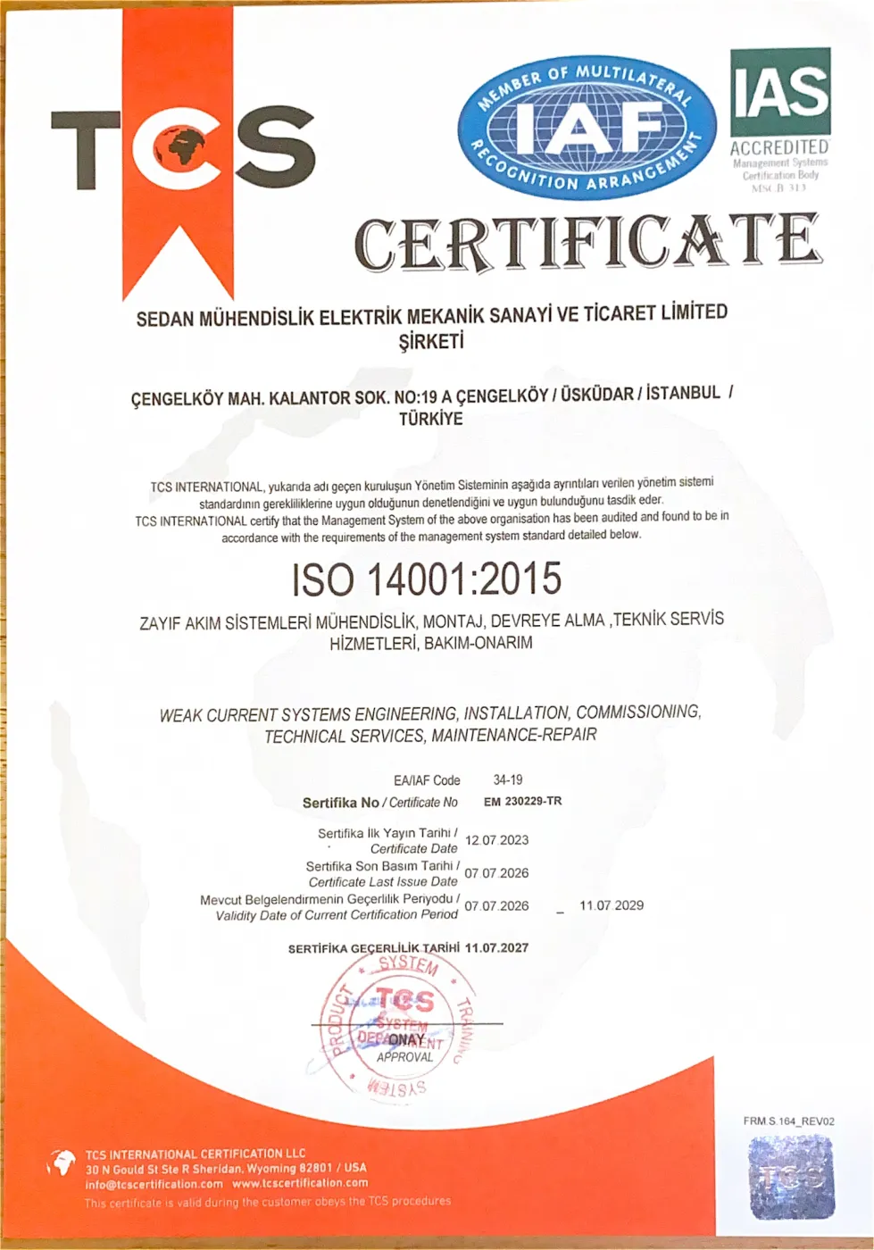 Image of the ISO 14001:2015 certificate