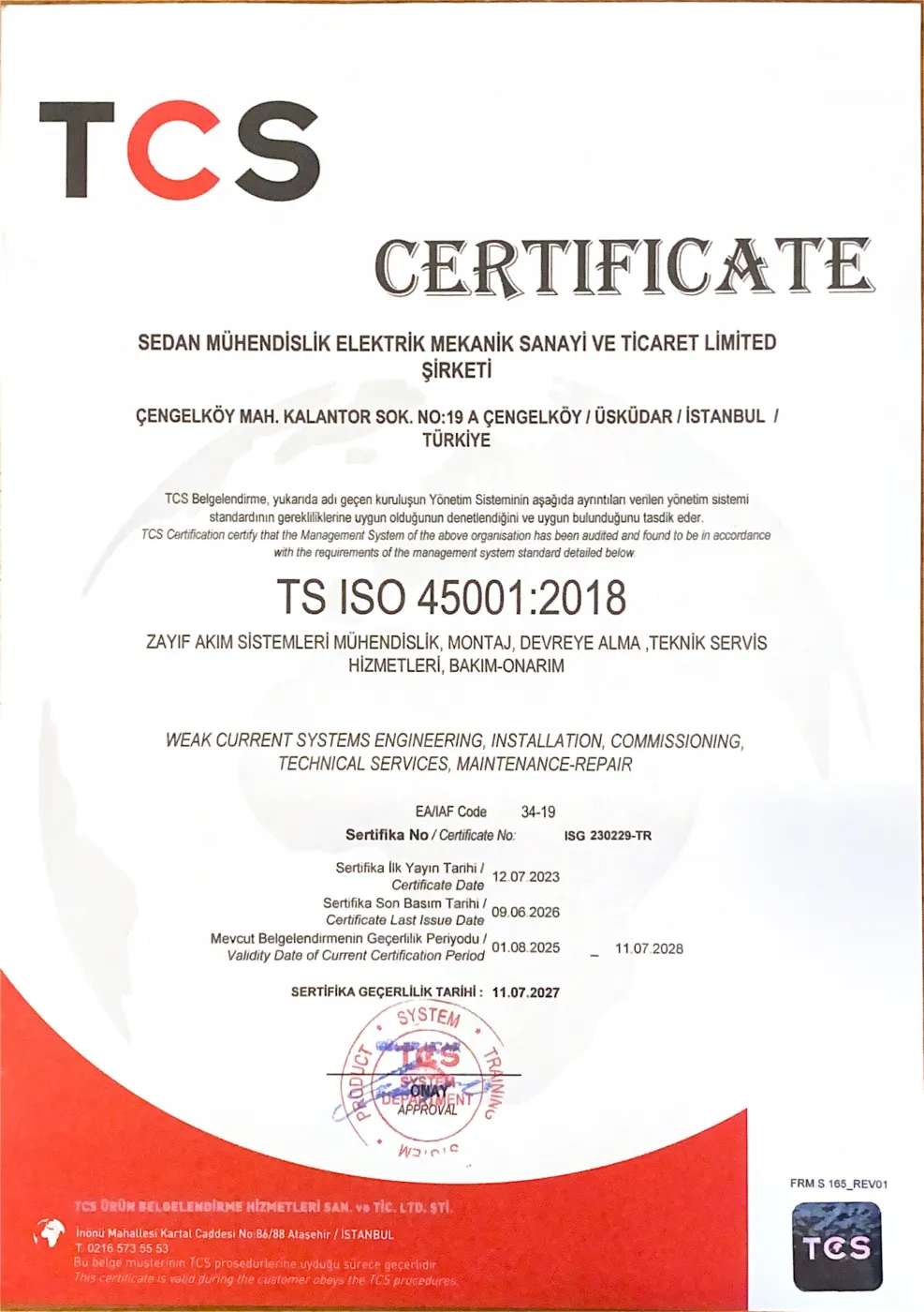 Image of the TS ISO 45001:2018 certificate