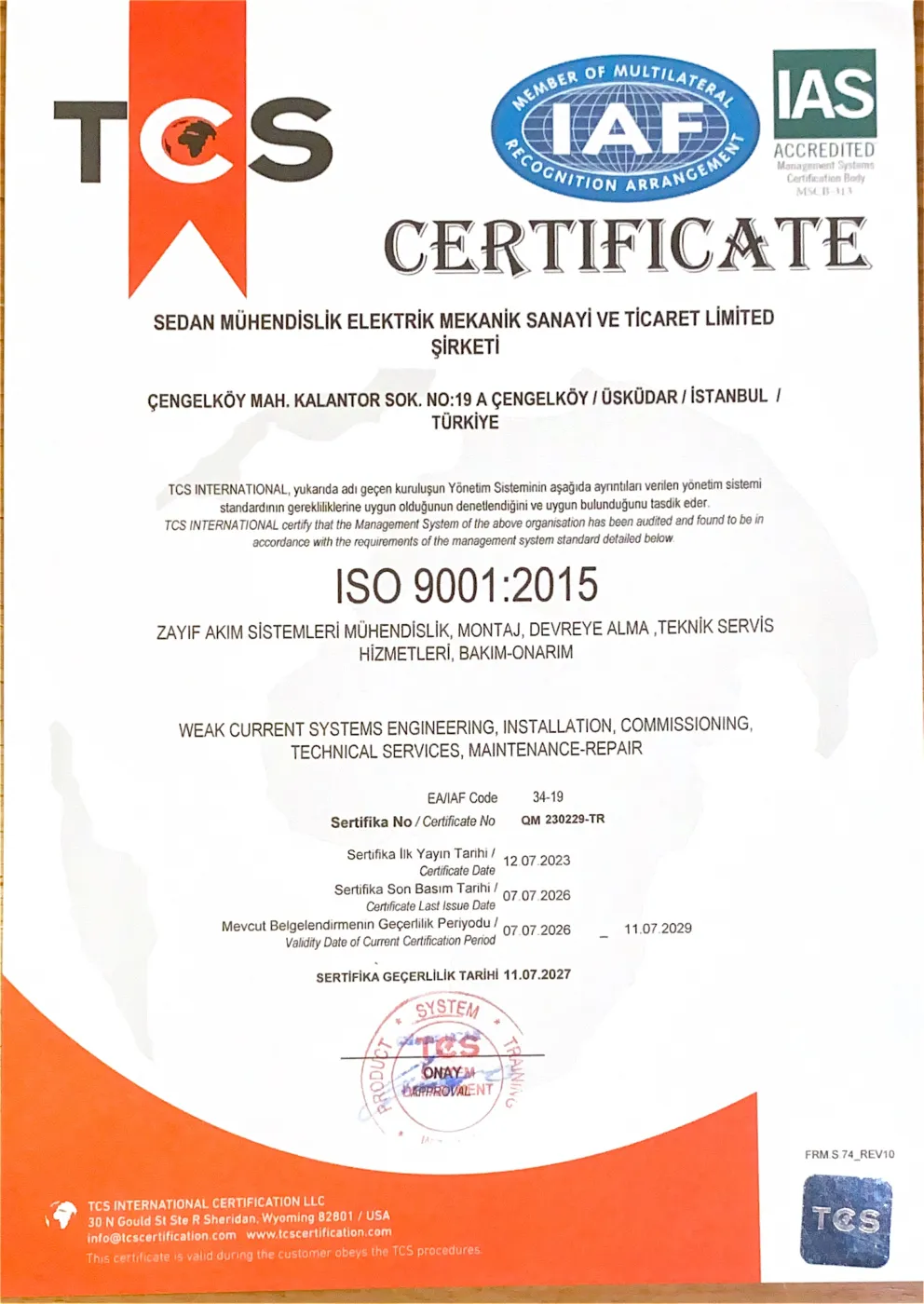 Image of the ISO 9001:2015 certificate