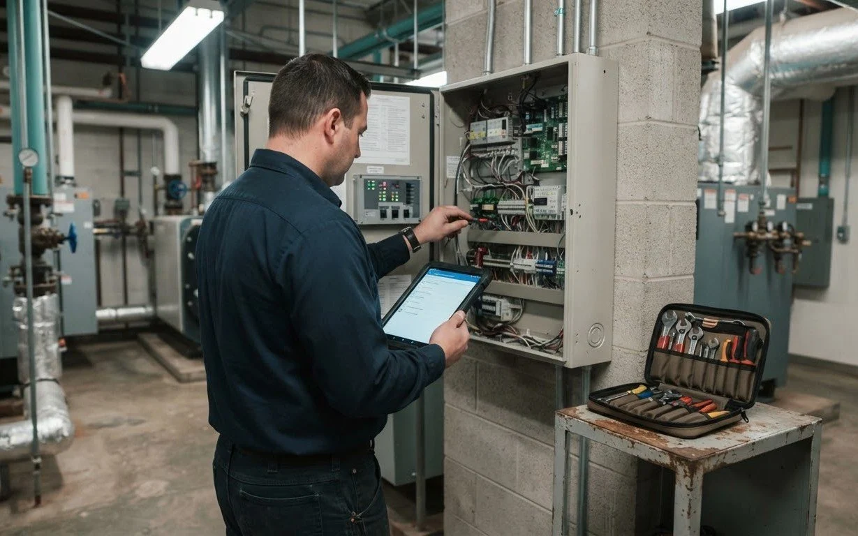 Service technician maintaining a panel with a tablet in a plant room