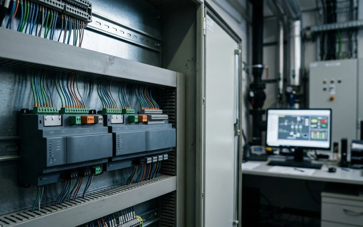 DIN-rail controller modules in an automation panel, with a monitoring screen behind