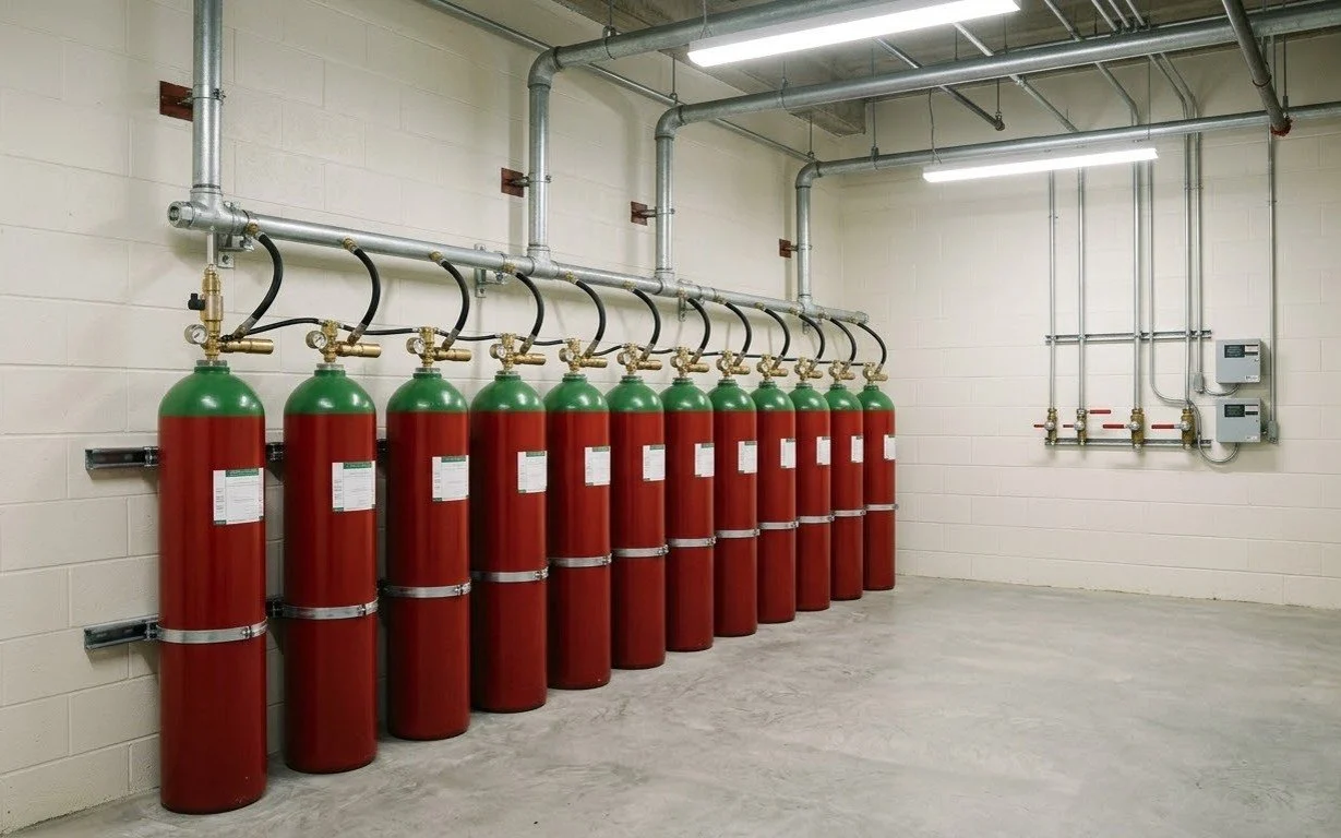 A row of gas suppression cylinders with their valves and discharge pipework in a separate cylinder room