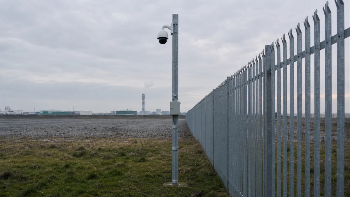 Dome camera on a pole beside a steel perimeter fence at an industrial site