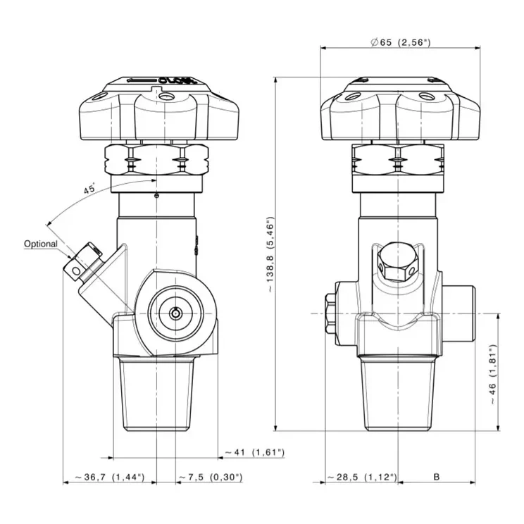 High pressure cylinder valve with spring loaded v-gaskets and RPV – D167S — 1