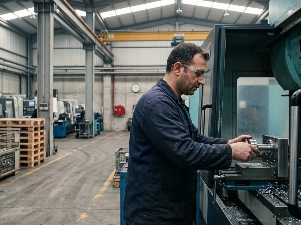 Operator loading a part into a CNC machine in a production hall; a clock and a fire hose cabinet on the back wall