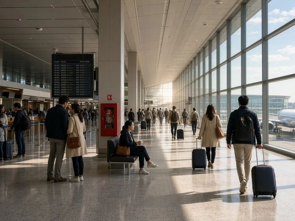Bright airport terminal concourse with passengers and a red fire cabinet on a column