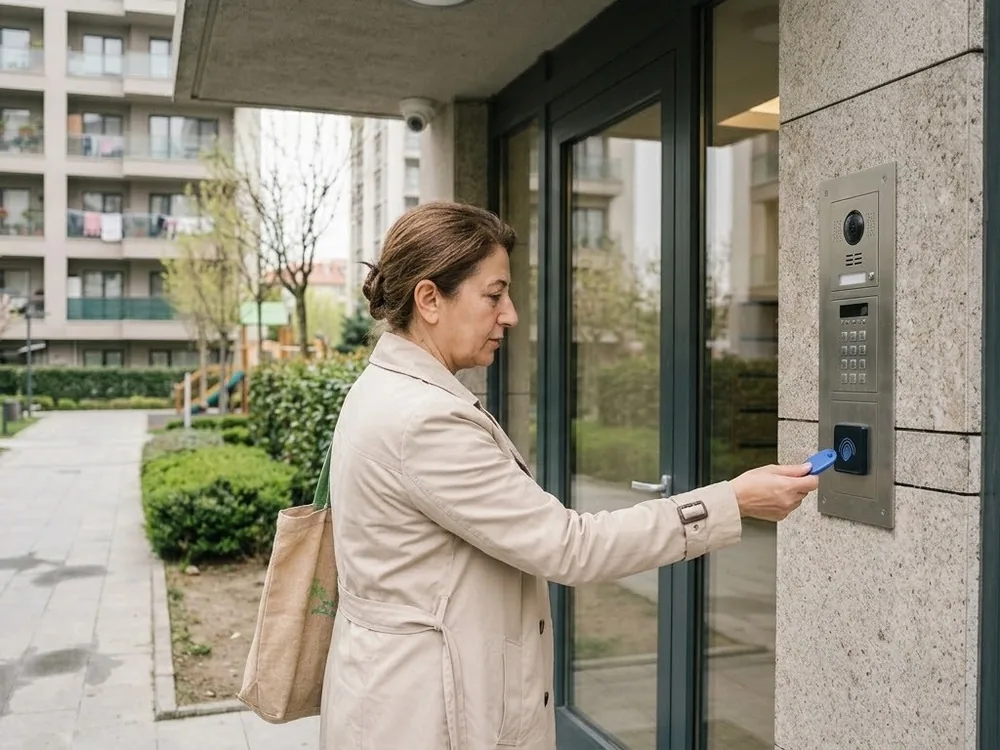Resident holding a key fob to the card reader of a video intercom panel at a residential complex entrance; a security camera at the entrance