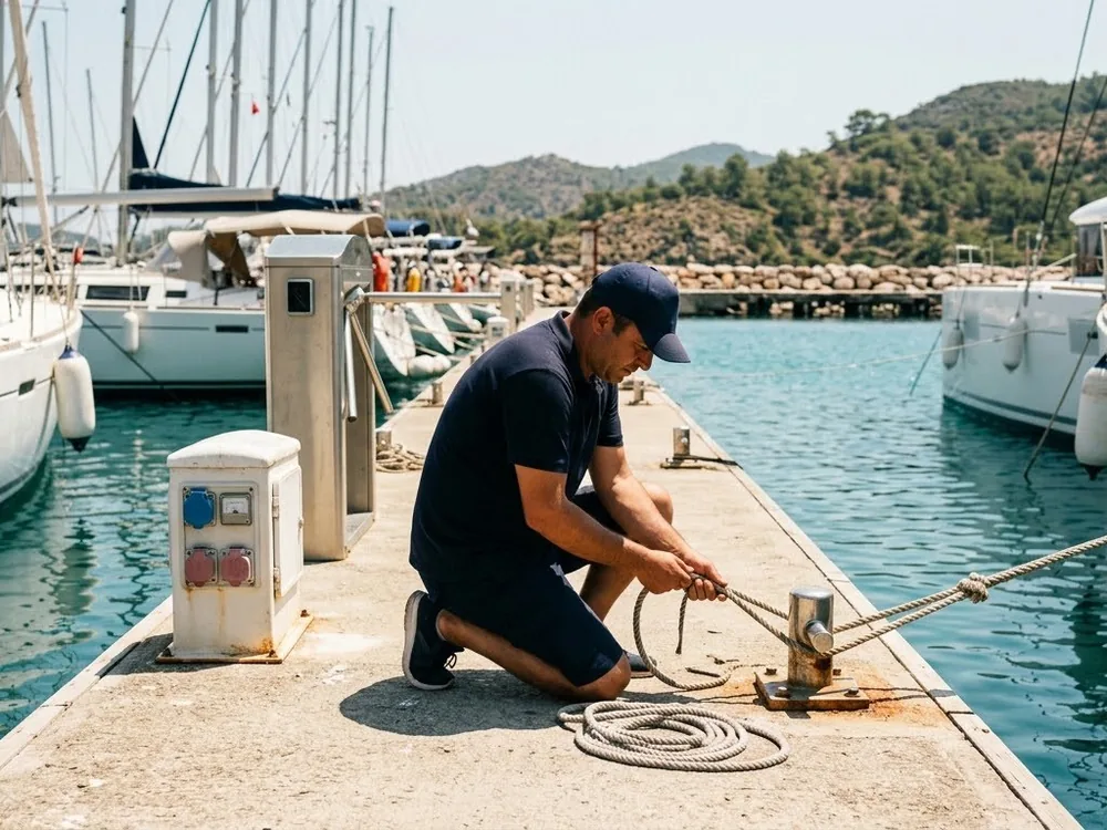 Marina attendant tying a mooring line on a pontoon; a shore power pedestal beside him, sailing boats behind