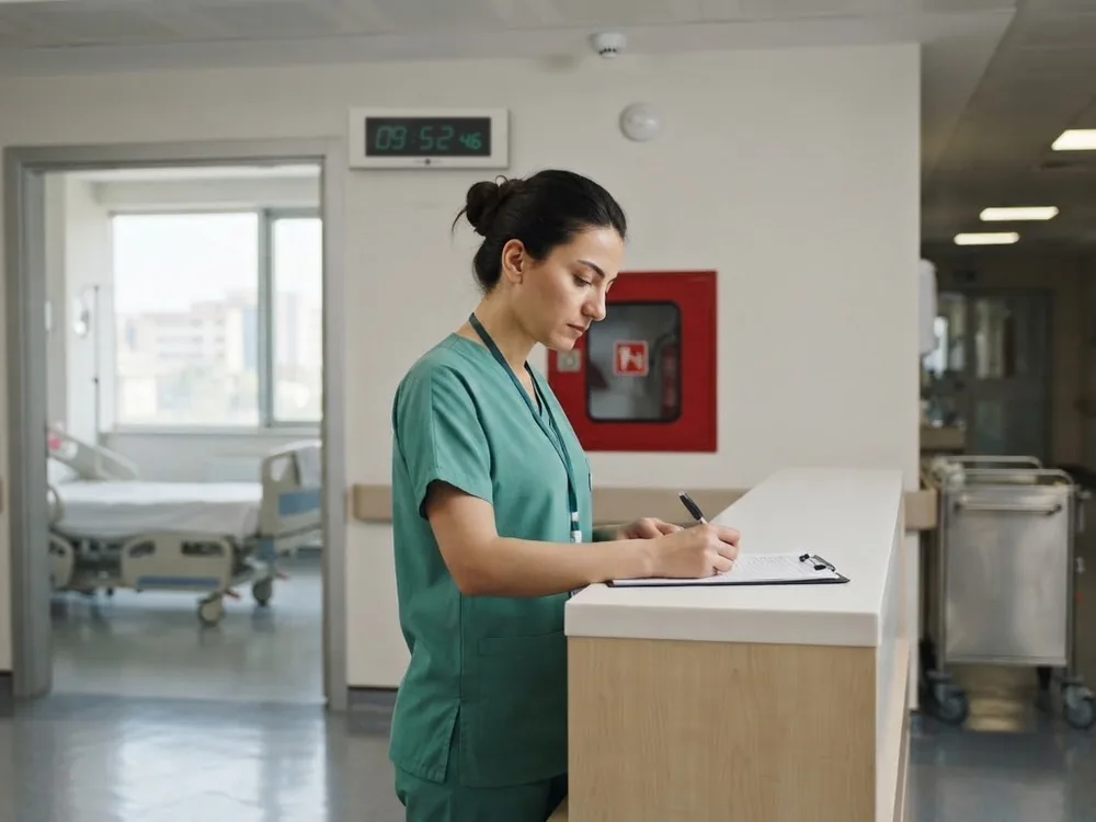 Nurse taking notes at the reception counter of a hospital ward; an LED digital hospital clock and a fire cabinet on the wall