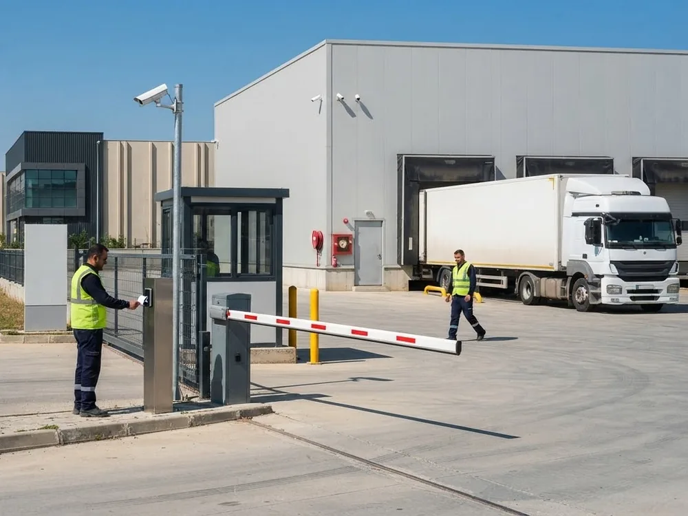 Employee presenting a card to the reader at an industrial site's vehicle entrance; barrier, guard booth and a pole-mounted security camera