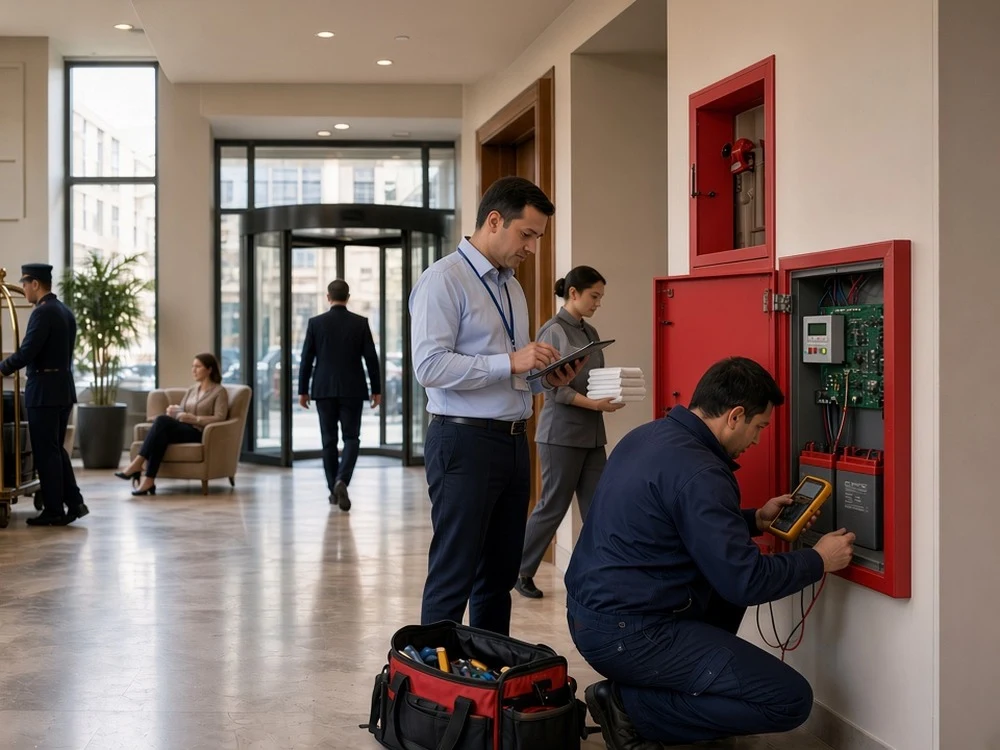 Technician measuring an open fire alarm panel in a hotel lobby, beside a technical manager holding a tablet